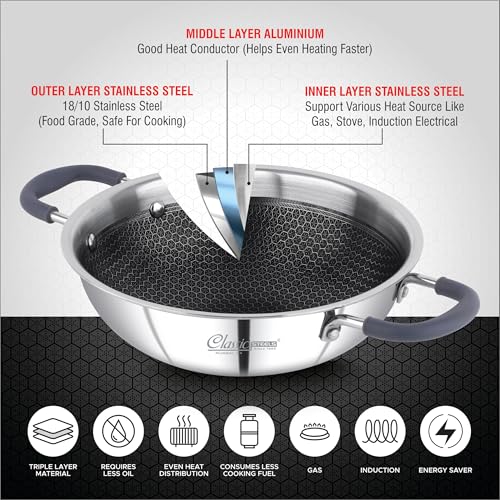 Image of Classic Steels Hexa Comb Triply Kadai with Steel Lid - 1 LTR (18cm) | Stainless Steel Non-Stick Kadhai for Cooking | Gas & Induction Compatible | 2.5mm Thickness | Durable Stay Cool Silicon Handle