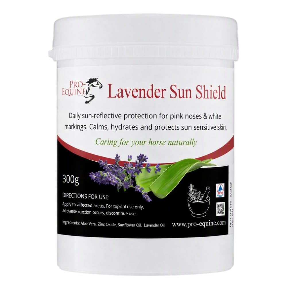 Pro-Equine Lavender Sun Shield 300g, a natural, mineral‑based sun‑protection gel for horses. pets and livestock.
