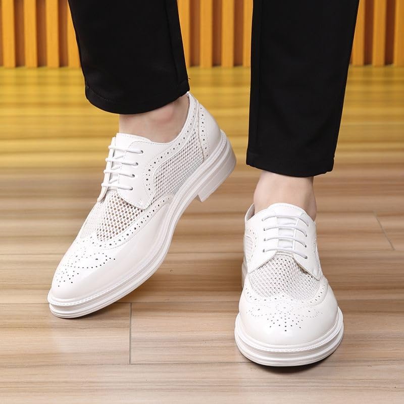 White Shoes Dress Oxford for Men Lace Up Pointed Toe Brogue Embossed Wing tip Patent Leather Breathable Hollow Shoes Slip Resistant Block Heel Anti-Slip Party4