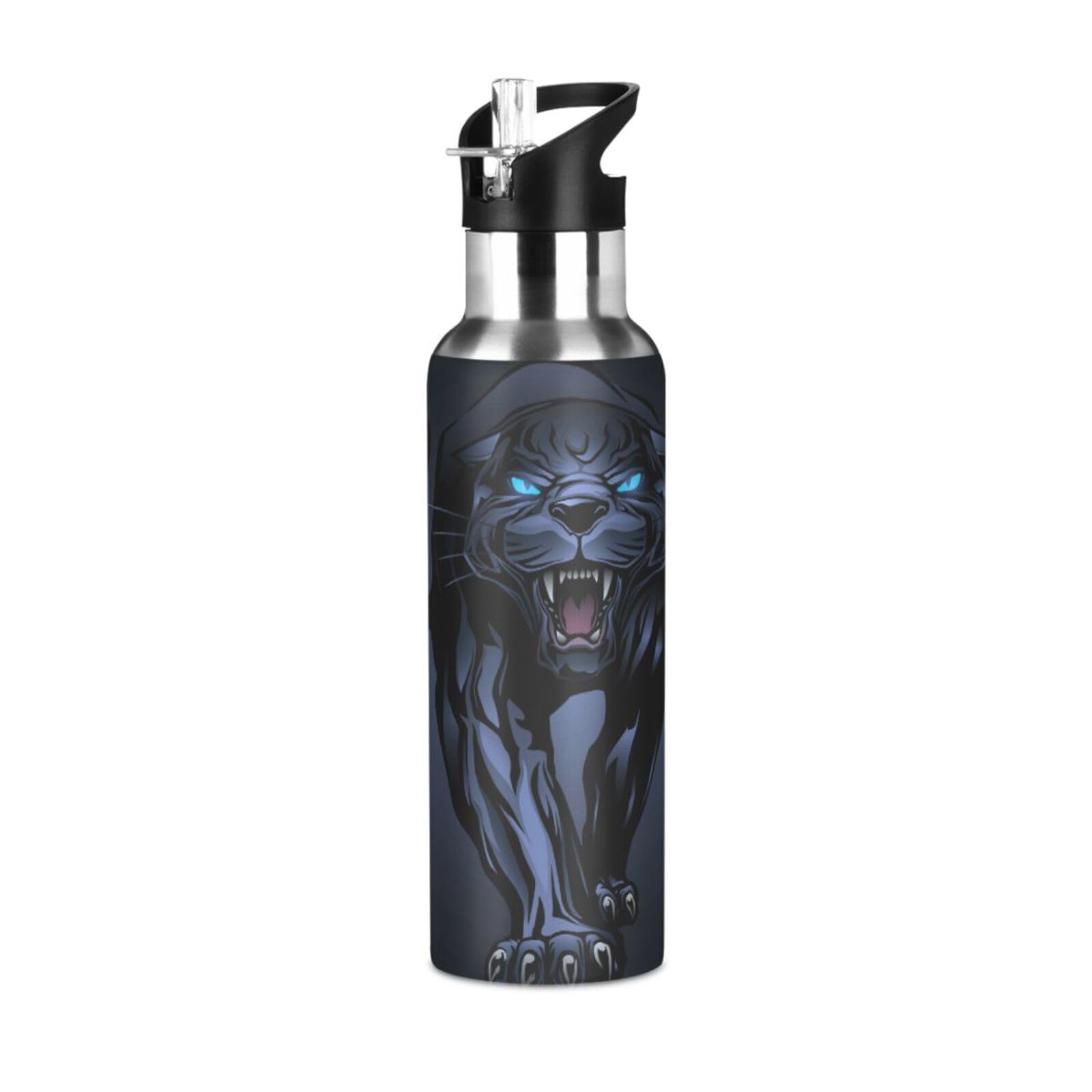 20 Oz Water Bottle with Straw Roaring Black Panther Stainless Steel Water Bottle for Traveling Sports Leakproof Insulated Water Bottle