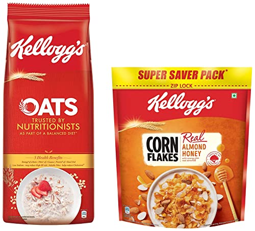 Image of Kellogg's Oats, High in Protein and Fibre, Low in Sodium, 2kg Pack & Corn Flakes Real Almond Honey | Breakfast Cereals | 1 kg Pack