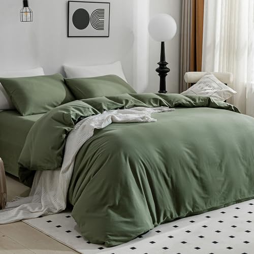 Jellymoni Green Duvet Cover Queen Size - 100% Washed Cotton Linen Feel Textured Comforter Cover, 3 Pieces Breathable Soft Bedding Set thumb #1