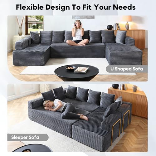 Image of Oversized Cloud Boneless Couch with Chaise, 145 inch Modern U Shape Modular Deep Seat Sectional Sofa, Comfy Corduroy Upholstered Couches for Living Room, No Assembly Required, Grey