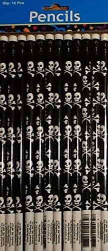 12 Halloween Pirate Pencils ~ Skull & Crossbones ~ #2 Lead - Wooden - Black