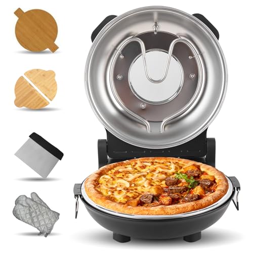 Pizza Maker Electric, 4-Min-Pizza in 1200W Pizza Oven, 31cm Refractory Stone Plate, Max 420℃ Pizza Maker with 5 Cooking Levels, inkl. Pizza Peels & Scraper & Recipe, Black (black)