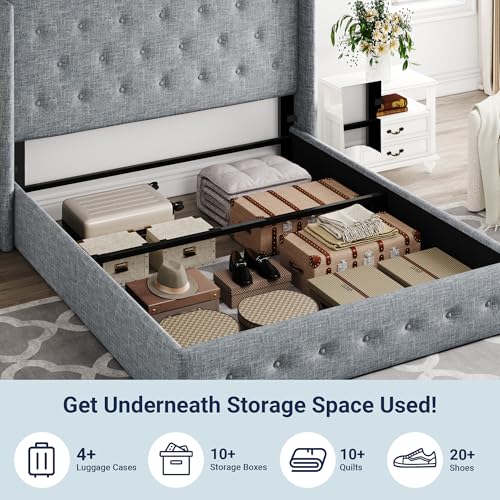 Image of Allewie Full Size Lift Up Storage Bed, Button Tufted Headboard with Wingback, Hydraulic Support, No Box Spring Needed, Grey Blue