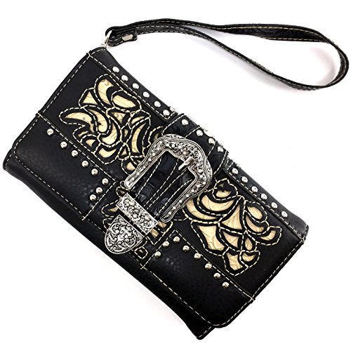 Justin West Silver Rhinestone Buckle Studded Tooled Leather Laser Cut Wristlet Trifold Wallet Attachable Long Strap2
