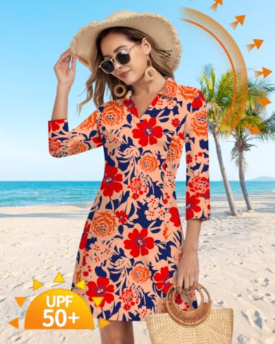 Image of WOWENY 3 /4 Sleeve Dress for Women with Pockets V Neck UPF 50+ Casual Sun Dress Breathable Quick Dry Beach Vacation