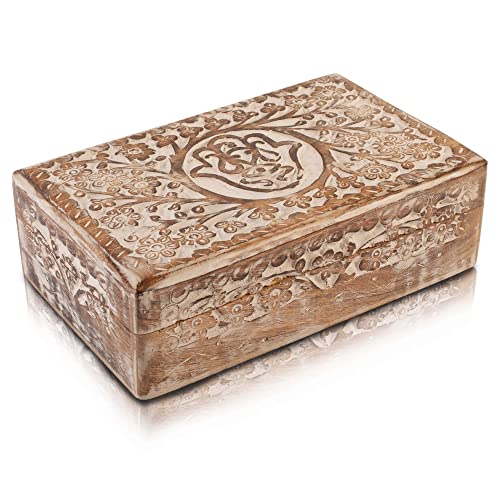 Handmade Decorative Wooden Jewelry Box Hamsa Hand Carving Jewelry Organizer Keepsake Box Treasure Chest Trinket Holder Watch Box Storage Lock Box 8 X 5 Inches Housewarming Gift (White) #TOP6