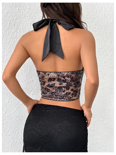 MakeMeChic Women's Leopard Print Halter Crop Tops Sequin Sparkly Lace Up Club Tank Top3