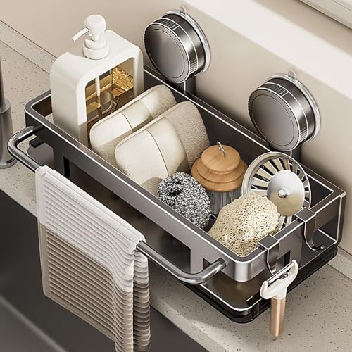 Aissiora スポンジホルダー 強力な吸盤ラック 真空吸着で落ちない スポンジホルダー 洗剤置き 収納トレイ ステンレス鋼 キッチンウォッシュツール収納キャディ 錆びにくいスポンジスタンド 可動式仕切り板付き シャンプー置き 壁掛け棚 バスルーム/洗面所/キッチン/浴室収納