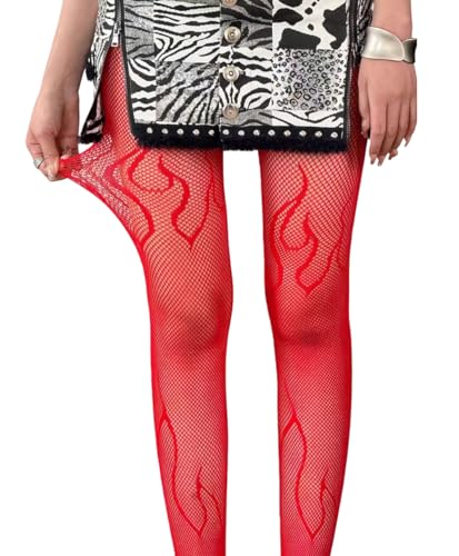 Image of Mrotrida Women's Fire Patterned Fishnet Tights Sexy Elastic Blaze Pantyhose Leggings Fire Mesh Stockings
