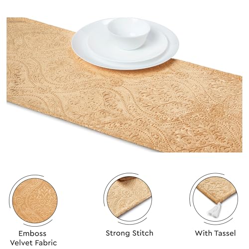 Image of Encasa XO 4 to 6 Seater Dining Embossed Velvet Table Runner | Size 32x183 cm | Gold Color with Premium Polyester - Machine Washable