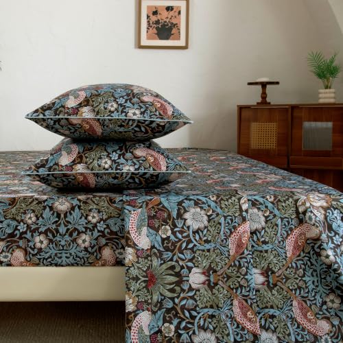 Image of FADFAY Cal King 100% Egyptian Cotton Sheets Set 4 Piece, Luxury Soft Breathable Cooling Bed Sheets, Deep Pocket Hotel Quality Bedding for Hot Sleepers, Botanical Floral Bird Print All Season Comfort