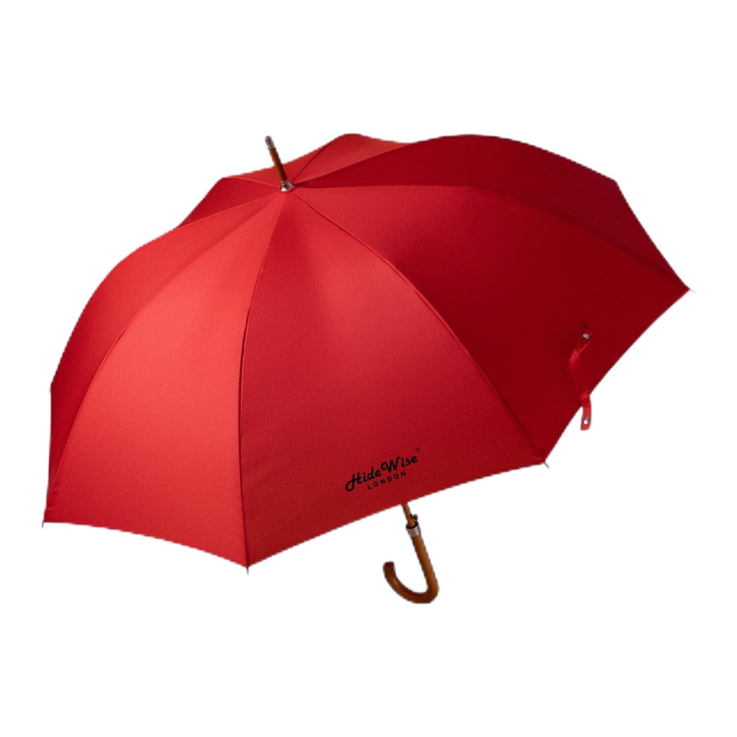 Luxury Umbrella Crook Curve Handle Real Wood Brolly Auto Open Windproof Red