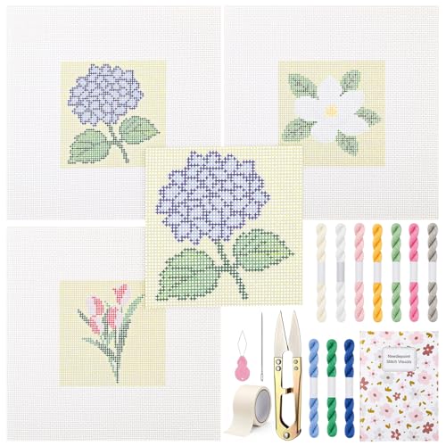 Chumia 3 Pcs Flower Needlepoint Canvas Starter Kit for Adult 13ct 8 x 8 Pre Floral Printed Canvas with Thread Needle Stitch Introduction Tape Scissor for Beginner DIY Crafts Gift Summer Home Decor