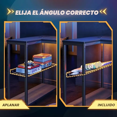 Miniatura 7 de Bestier Escritorio En Forma De L Con Tomas De Corriente Y Luces Led Escritorio De Esquina Reversible De 132 Cm Con Estantes Para El Hogar, Oficina, Escritorio De Estudio Para Dormitorio