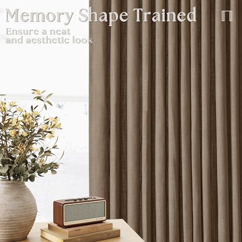 Image of 100 Inch Linen Curtains 2 Panels Set Pinch Pleated for Living Room Bedroom Memory Training Shaped Semi Sheer Dutch Cocoa Pinch Pleat Drapes Hooks Rings Light Filtering Window Curtain Drapes