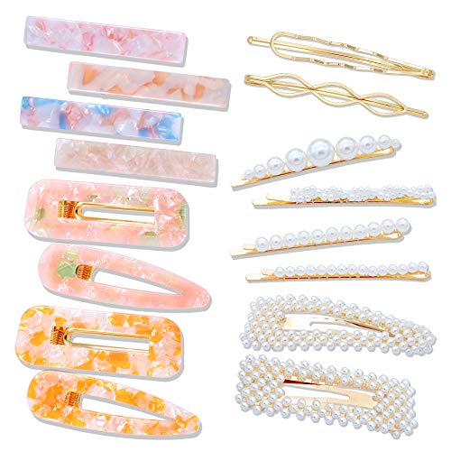 Pearls Hair Clips Hair Pins for Women and Ladies - 16 Pcs Acrylic Resin Hair Barrettes Geometric Gold Bobby Pins Fashion Acrylic Alligator Hair Clip Hair Styling Accessories