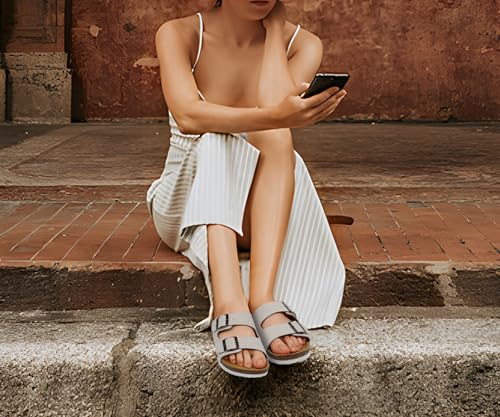 Image of ONCAI Womens Flat Slide Sandals with Arch Support 2 Strap Adjustable Buckle Slip on Slides Shoes Non Slip Rubber Sole