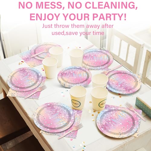Image of 100PCS Iridescent Diamond Birthday Party Plates Napkins Forks Supplies Set Holographic Tableware Party Supplies Gem Stone Dinnerware Decorations Favors for Girls Kids Birthday Serves 25