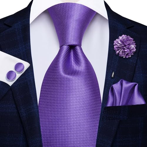 Image of Hi-Tie Mardi Gras Lavender Plaid Ties for Men Lapel Pin Set Pocket Square Cufflinks Formal Woven Silk Tie Sets Wedding Party