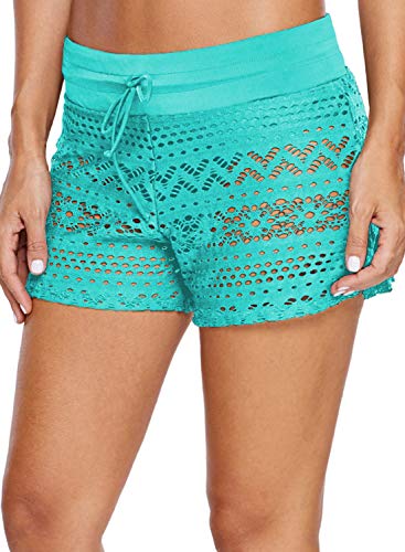 REKITA Women's Lace Swim Shorts Strappy Bikini Bottoms (Cyan-Lace, S)
