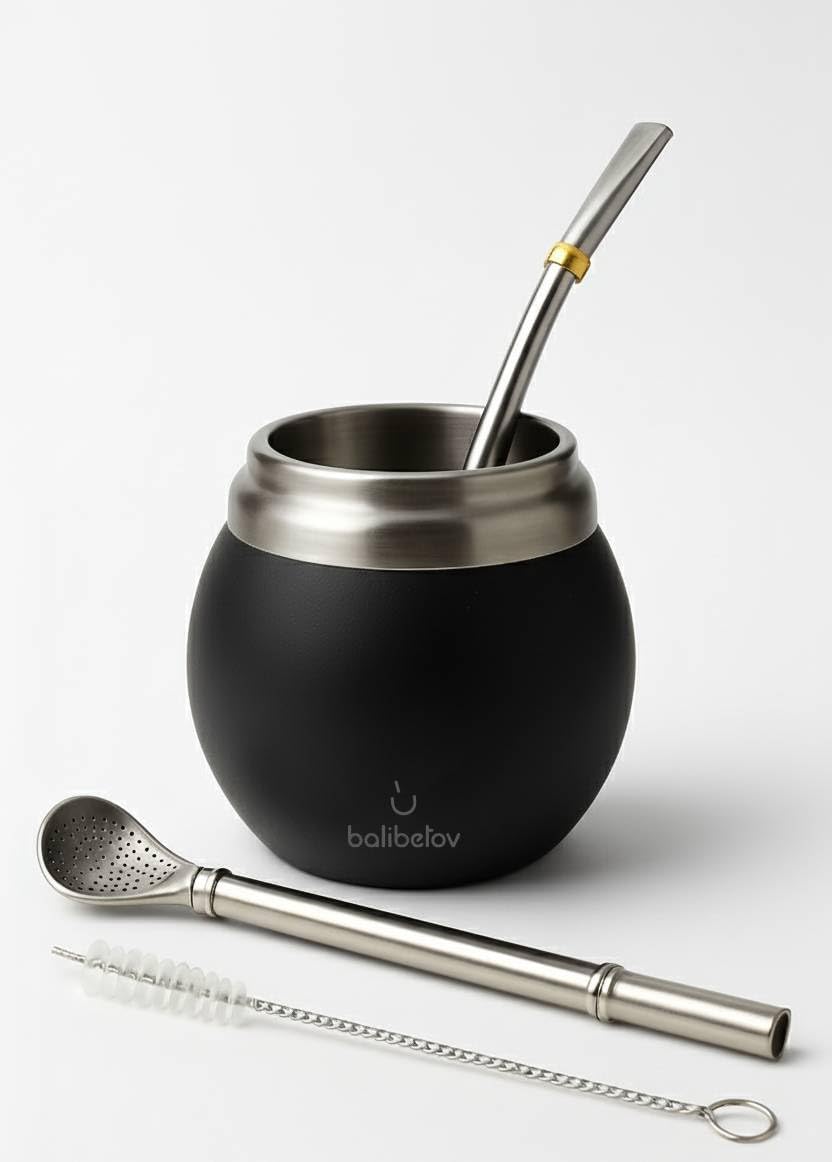 BALIBETOV Yerba Mate Kit - Includes One Mate Cup and Bombilla Set - Stainless Steel Double Wall Thermal Yerba Mate Gourd and Bombilla Set (Mate straw) - Easy to clean and maintain (Black)
