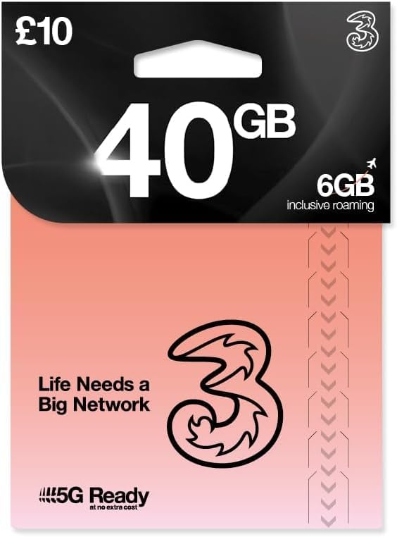 THREE pay as you go SIM Card UK - comes with 40 GB + Unltd Texts & Mins ...