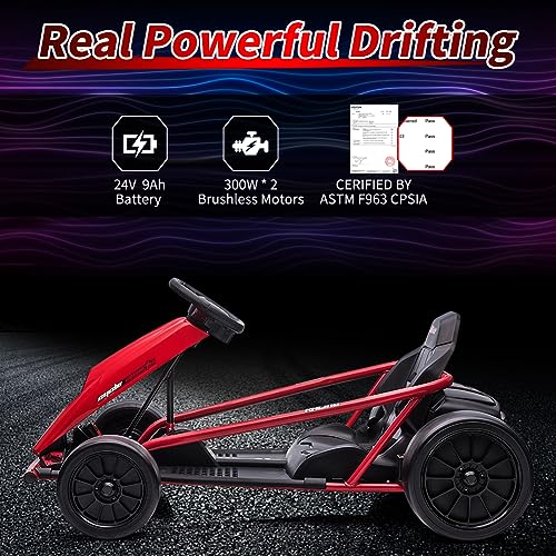 24V 8.1 MPH Electric Go Kart for Kids 8-14 Years, 300w*2 Extra Powerful Motors, Max Load 180Lbs Outdoor Ride on Toy for Teens, Music, Drifting Tires& Spacious Seat, Red - Thumbnail 4