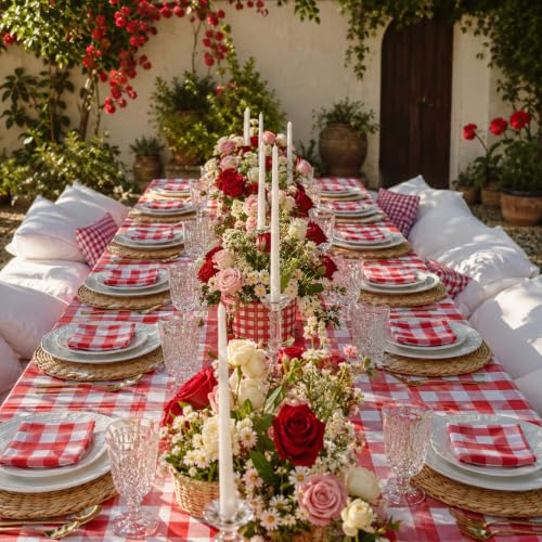 Image of Blue Orchards Red Gingham Table Cover (Pack of 3 with 20 Glue dots) - 54 inchx108 inch XL - Red and White Checkered Picnic Plaid Tablecloth, Plastic Rectangle Decoration for Outdoor Birthday Party Supplies