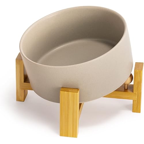 SPUNKYJUNKY 15° Slanted Ceramic Dog and Cat Bowl with Wooden Stand, Tilted Bulldog Food and Water Bowl No Slip Non-Spill for Cats Medium Dogs Big Face Pets 28.7 OZ (3.6 Cups, Grey)
