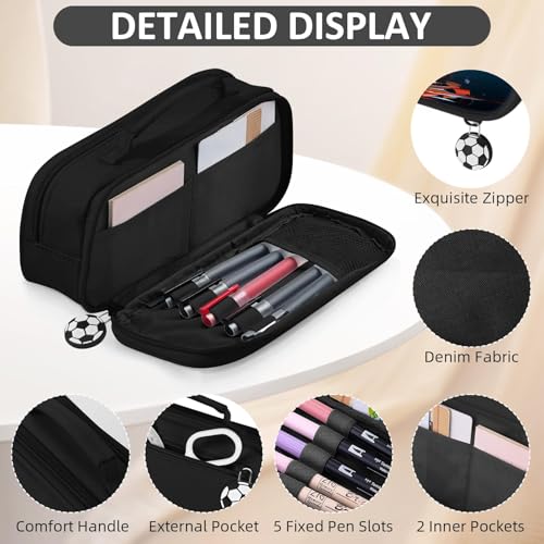 Image of Soccer Pencil Case for Boys - Large Pencil Pouch for Boys with Zipper Compartments & Handle - Big Capacity Pen Organizer Box Bag for Kids Teens School Supplies