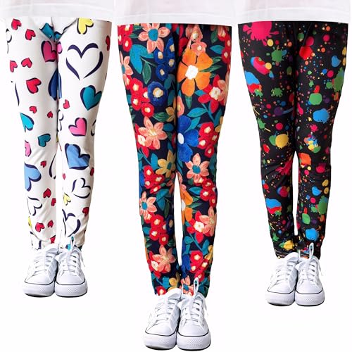 3 Pack Girls' Full Length Printed Leggings Toddlers Active Stretch Leggings Soft Kids Pants 3-10 Years