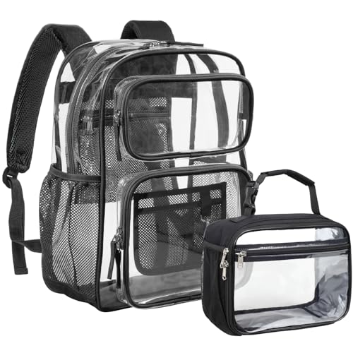 PACKISM Clear Backpack with Lunch Bag for School - 17 inch Large Heavy Duty Clear Bookbag, See Through PVC Transparent Backpacks with 2 Front Pockets, Black (for age 12 above)