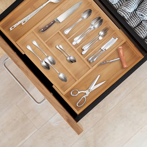 Range-couverts extensible en bambou naturel avec 7 à 9 compartiments modulables