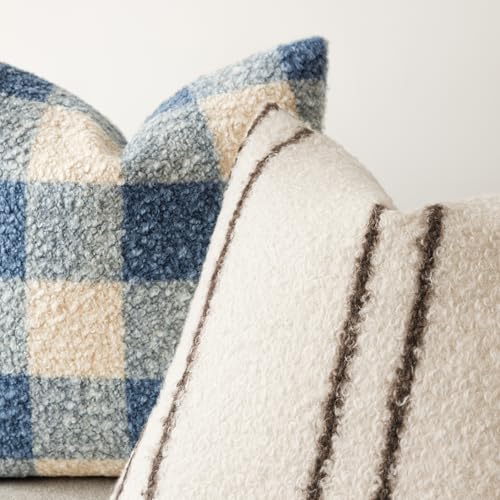 Image of Foindtower Pack of 2 Soft Faux Fur Boucle Throw Decorative Pillow Covers Fuzzy Accent Striped Cushion Sherpa Boho Farmhouse Pillowcase for Couch Sofa Bed Living Room Home Decor 18x18 Inch,Ivory
