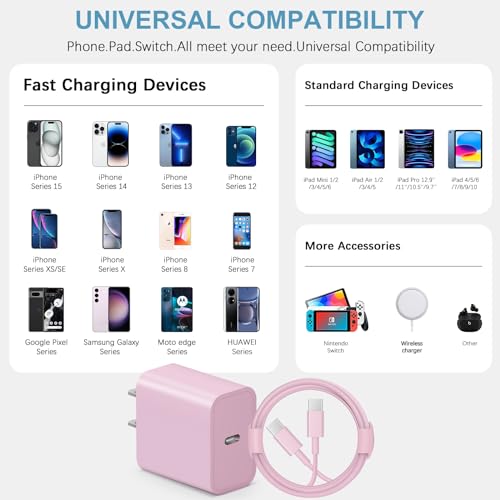 Image of 12FT iPhone 17 16 15 Charger Fast Charging USB C Charger Block Type C Chagrer Fast Charging 2-Pack for iPhone 17 /17 Plus /17 Pro /17 Pro Max /iPhone 16 /16 Plus /16 Pro /16 Pro Max /15 Pro Max /Samsung(Pink)