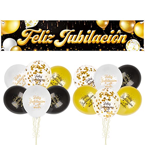 COLOFALLA Pancarta Feliz Jubilación Español Tela Grande 180cm + 12pcs Globos Decoración Fiesta Jubilación Oro Negro Photocall Adornos Jubilación