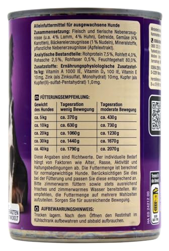 Herzstücke Feine Mahlzeit Ragout mit Lamm, Huhn, Karotten & Nudeln Hundefutter, 12er Pack (12 x 400g)