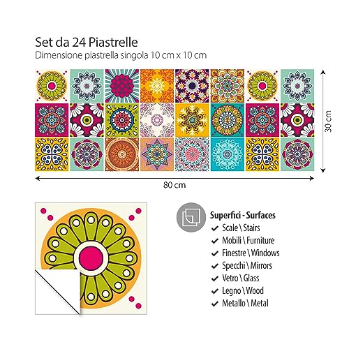 RE-COVERTILES - Adesivi per Piastrelle Bagno e Cucina 24 Pz 10x10 cm - PS00179 Decorazione murale in PVC impermeabile mattonelle mosaico stile cementine Azulejos