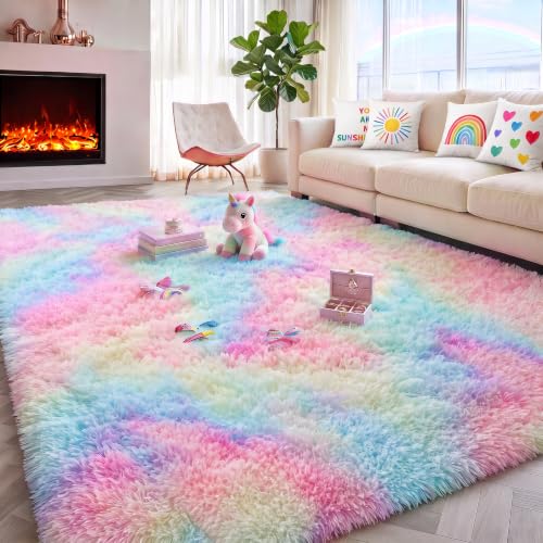 Image of PAGISOFE 4x6 Rainbow Fluffy Soft Plush Area Rugs for Girls Bedroom, Shaggy Vibrant Rugs for Kids Playroom,Kawaii Princess Fuzzy Rugs for Nursery Baby Toddler,Cute Colorful Room Decor for Teenage