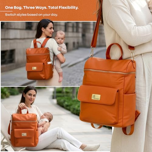 Image of R for Rabbit Caramello Bold Ivy Diaper Bag for Moms, Premium Vegan Leather with Insulated Bottle Pockets, 7 Compartments, Maternity Travel Backpack, 24 Litre Capacity (Rust Orange)
