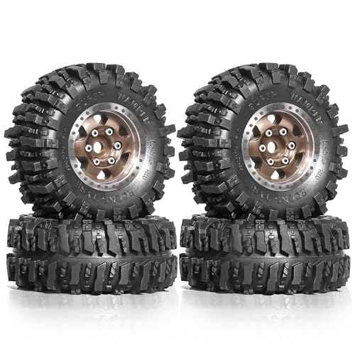 Chanjorlin 1/24 1/18 RC Crawler Tires and Beadlock Wheels Rims Offset -2.5mm 1.0 Super Soft Sticky Mud Terrain Rock Tyres OD 55mm For 1:24 1:18 Car Axial SCX24 FMS AX24 FCX18 FCX24 TRX4M 4Pcs (Bronze)