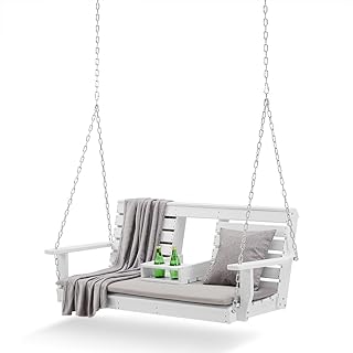 BENAIYA Heavy Duty Poly Lumber HDPE Porch Swing with Mounting Kit and Accessories Outdoor Hanging Chair with Cup Holders Swinging Bench for Patios, Backyard Poly Wooden Seating, Sturdy Steel Chains