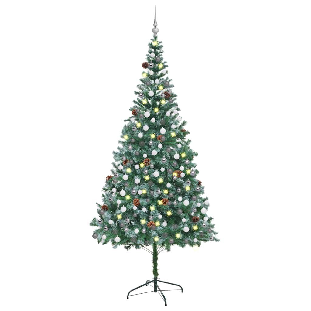 vidaXL Sztuczna choinka z lampkami, bombkami i szyszkami, 210 cm