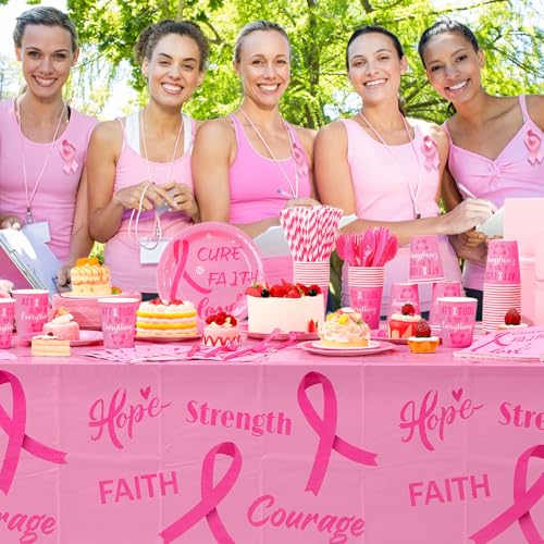 Image of Funnymoom 452 Pcs Breast Cancer Party Decorations Pink Ribbon Cure Faith Love Paper Plates Napkins Cups Tablecloth Cutlery Straws for Breast Cancer Awareness Month Women Charity Activities Supplies