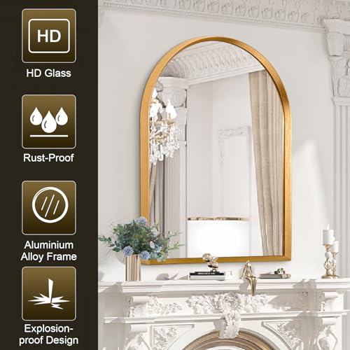 Image of Arched Wall Mirror, Arch Bathroom Mirror, for Vanity Living Room Bedroom Mantel Entryway Hallways Home Decor Aluminum Alloy Frame Large 28 inchx20 inch