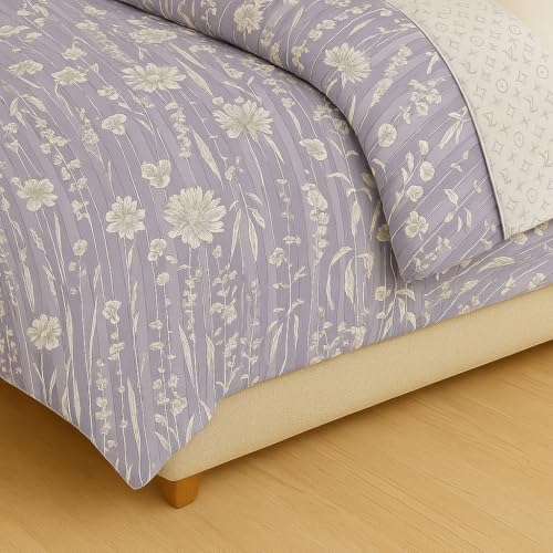 Image of Signature Reversible Super Soft Double Bed Comforter /Quilt Set 350 GSM - 88x90 inches | King Size Fitted Elastic Bed Sheet with 2 Pillow Covers | All-Season Ultra Cozy Bedding Set (Lavender Stripes)