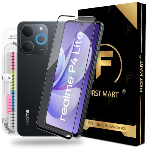 Image of FIRST MART Tempered Glass for Realme P4 Lite, 9H 0.3 mm Full-Glue Screen Protector with Cable Protector, 3D Edge-to-Edge, HD Clear, Case-Friendly, Black, Pack of 1